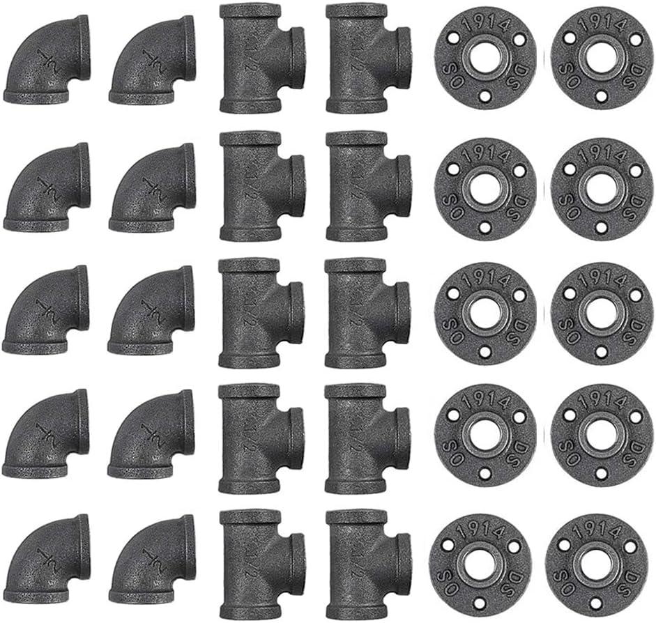 30 Pack 1/2 Inch Cast Iron Pipe Fittings (10 Elbows, 10 Tees, 10 Flange), DIY Steampunk Industrial Vintage Style