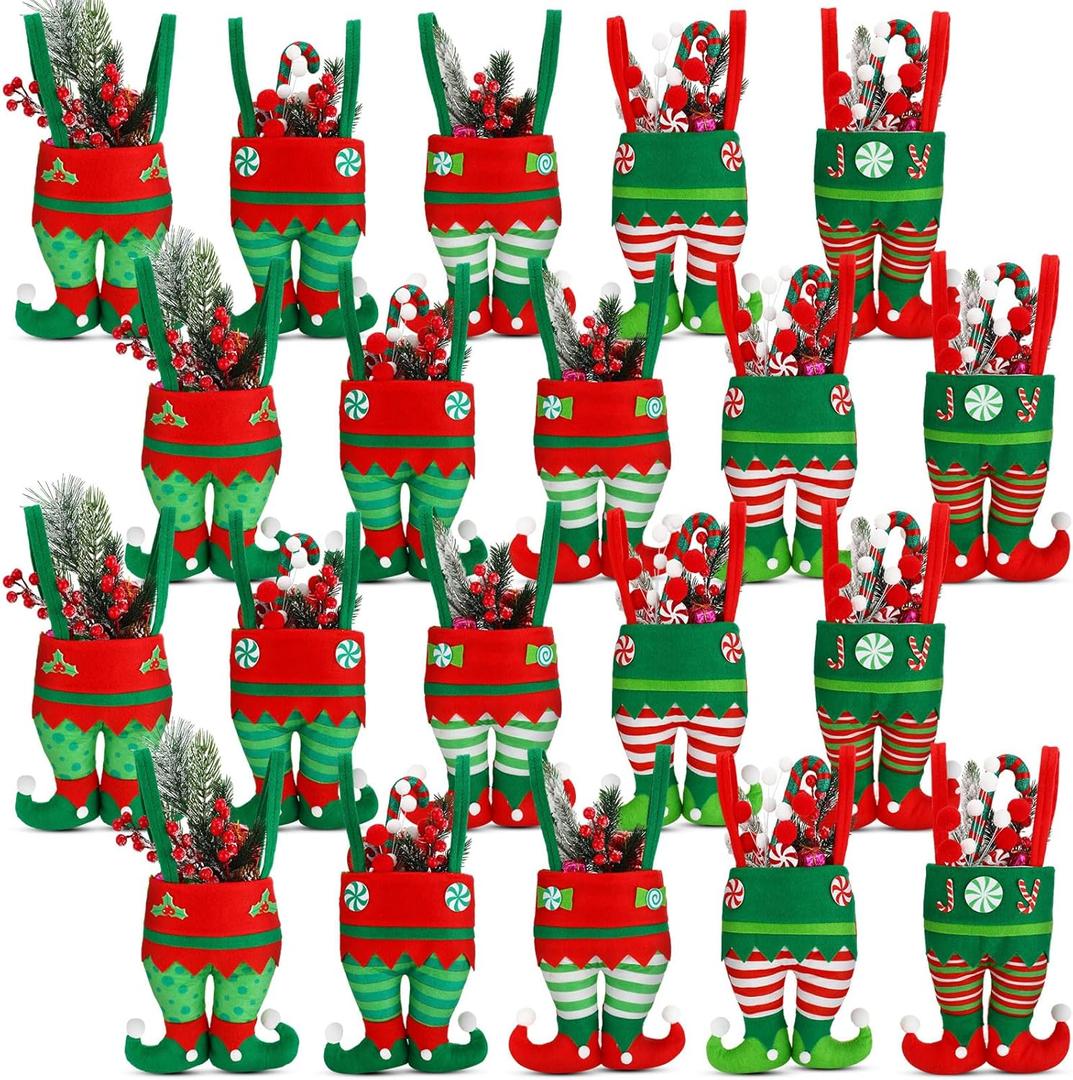 Abbylike 20 Pcs Christmas Candy Bags Bulk Santa Pants Boots Treat Bags with Handle Felt Stocking Xmas Goodies Bag Lovely Party Favor Decorations for Children Holiday Teachers Decorations