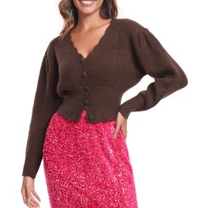 Women's Puff Short Sleeve Sweater V-Neck Button Knit Tops Crochet Soft Knitwear (Brown, L)