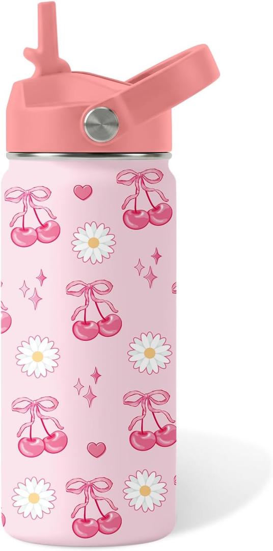 Cherry Gifts for Kids - 16oz Pink Kids Water Bottle with Straw Lid, Stainless Steel Insulated Tumbler, Leakproof, BPA-Free, for Girls, School, Travel - Cherry Lovers Children Birthday Gift Cup (1pc)