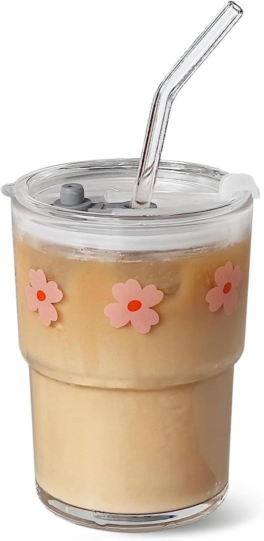 13oz Glass Tumbler with Straw and Lid, Reusable Iced Coffee Cup Tumbler, Cute Glass Cups for Water, Matcha, Travel Coffee Mugs (Pink Flower) (Pink Flower - 13oz)