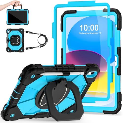 Auizotl Case for iPad (A16)11th /10th Generation 11/10.9 Inch 2025/2022 with Screen Protector Rotating Stand Shoulder Strap Pencil Holder,Military Grade Shockproof iPad Case 10th Generation,Black Blue