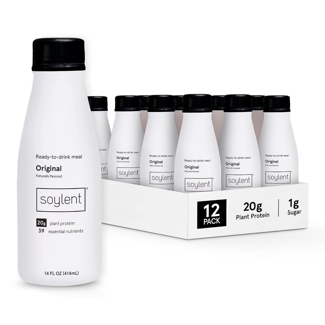 Soylent Original Meal Replacement Shake, Ready-to-Drink Plant Based Protein Drink, Contains 20g Complete Vegan Protein and 1g Sugar, 14oz, 12 Pack, BBD 08/17/2026