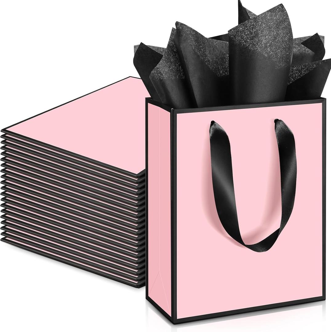 Yeaqee 24 Pack Metallic Paper Gift Bags with Handle and Tissue 9x7x3.1 Gold Foil Welcome Thank You Favor Bags Return Gifts for Wedding Mothers Graduation Bridesmaid Birthday(Light Pink and Black)