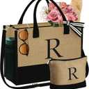 YOOLIFE Personalized Gifts for Women - Initial Jute Tote Bag & Makeup Bag, Birthday Gifts for Women Mom Wife Teacher Friend