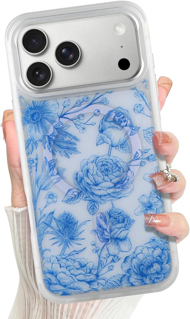 Magnetic for iPhone 17 Pro Max Case Cute Aesthetic, Blue Flowers | Trendy Floral Print, Compatible with Magsafe, Shockproof Protective Phone Cover