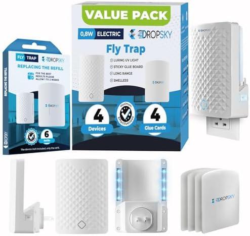 Dropsky Indoor Flying Insect Trap - Plug-in Bug Light Trap for Fruit Flies, Gnats and Houseflies - Odorless and Mess Free (4 Traps + 10 Glue Cards)