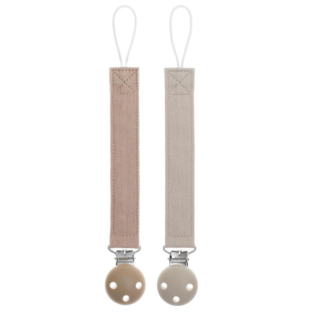 Pacifier Clip Holder for Baby Boy and Girl, Soft Pure Cotton Fabric Paci Binky Clips Fits for Most Pacifier Teethers & Small Toys in Place (Sand+Light Grey)