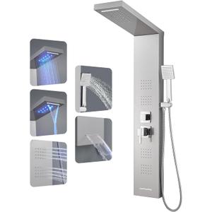 ROVOGO LED Shower Panel Tower System, 5-Function Shower Column with Rainfall Waterfall Shower Head, 4 Body Jets, Handheld and Tub Spout, Stainless Steel Brushed