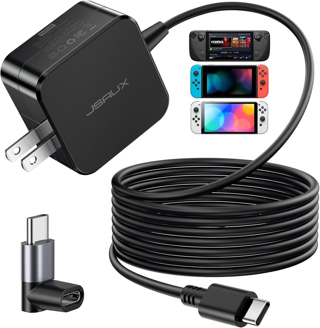 JSAUX 45W USB C Charger for Steam Deck/OLED, 10FT Cable Type C PD 3.0 45 Watt Fast Charging Compatible with Steam Deck, Switch/OLED, iPhone Air/17/16/15, Samsung S25 S24 S23 S22, Pixel, iPad, MacBook