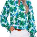 MASCOMODA Womens V Neck Floral Long Sleeve Tops 2026 Summer Casual Loose Puff Sleeve Chiffon Boho Work Blouse Dressy T Shirts(Green Floral, Small)