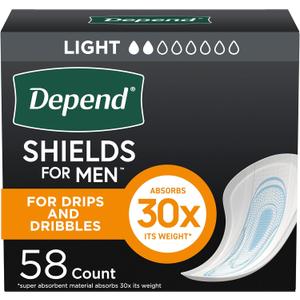 Depend Shields Incontinence Pads for Men, Light Absorbency, 58 Count (Packaging May Vary) (One Size)