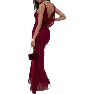 GORGLITTER Women's Mesh Draped Fishtail Dresses Sleeveless Bump Friendly Wedding Guest Party Graduation Bodycon Maxi Dress (M)