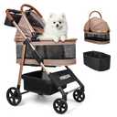 Pet Stroller for Small/Medium Dogs & Cats Up to 50 lbs, 3-in-1 Foldable Stroller w/Detachable Carrier & Car Seat, Removable All-Season Liner, Sunshade, Storage Basket & Cup Holder, All-Terrain, Khaki