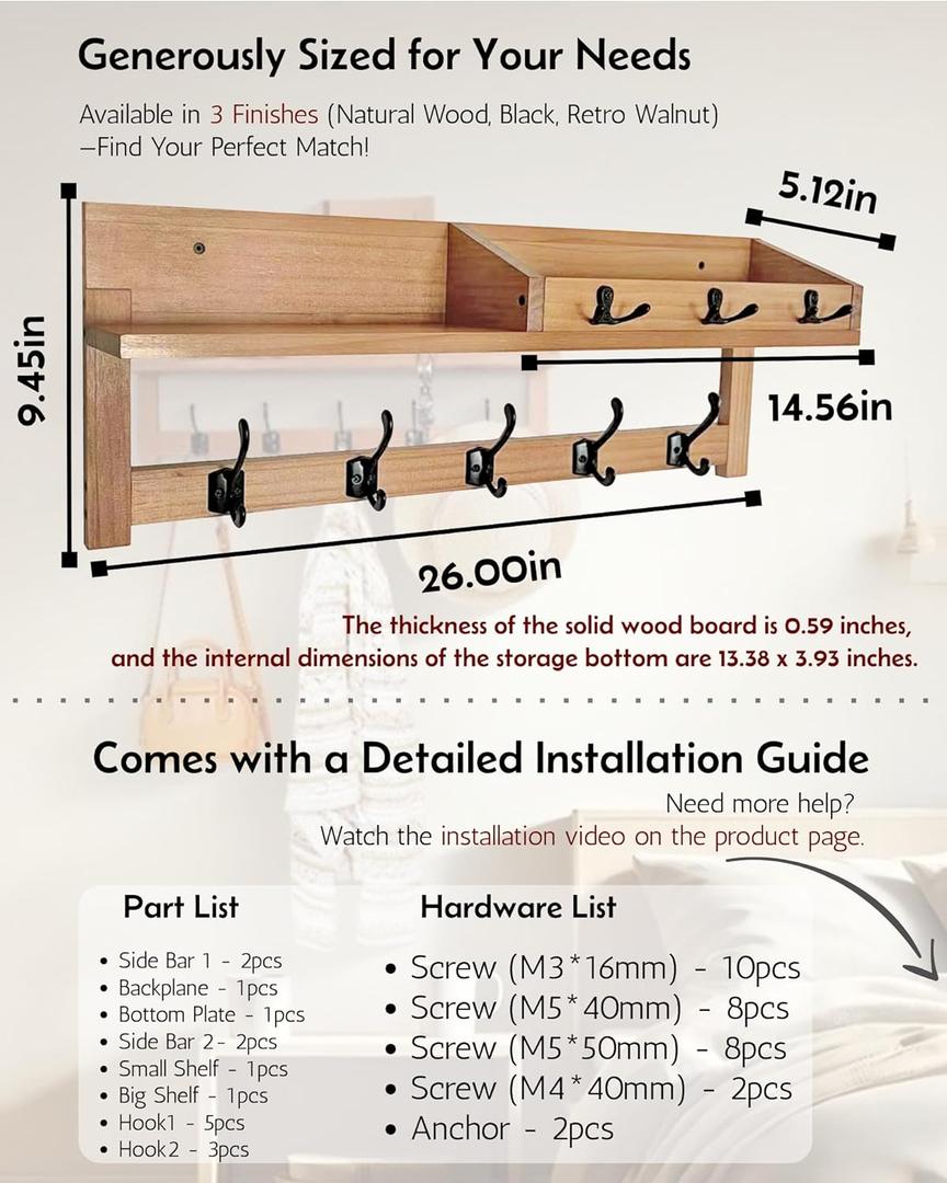 Exper City Coat Rack Wall Mount with Shelf, 26IN Wooden Coat Hanger Hooks Wall Mount with 8 Metal Hooks, Hanging Shelf with Hooks, Wood