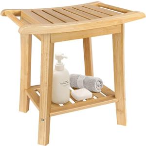 2-Tier Bamboo Shower Bench Small Shower Stool with Storage Shelf SPA Bathtub Shower Chair for Living Room Bedroom Bathroom, Natural