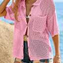 Fisoew Womens Crochet Lightweight Cardigan Sweaters Short Sleeve Summer Button Down Collared Loose Cover Up Shirts (Pink, M)