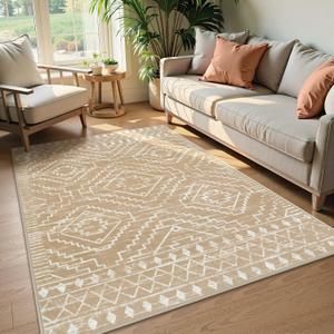 Wonnitar Moroccan Washable Area Rug 4x6, Non-Slip Rugs for Living Room, Boho Bedroom Throw Mat, Geometric Low Pile Floor Carpet for Home Office Mudroom Kitchen (Kakhi,4'x6')