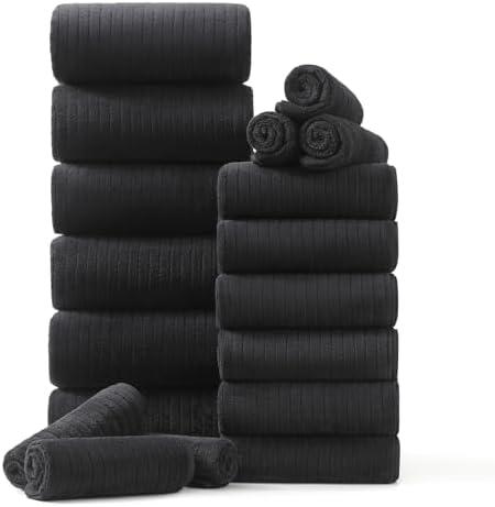 18 Piece Family Bath Towel Set Include 6 Bath Towels,6 Hand Towels and 6 Washcloths Soft Bathroom Towel with Hanging Loops,Highly Absorbent Quick Dry Towels Set for Bathroom,Hotel and Spa-Black