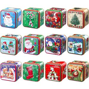 Sosation 12 Pcs Christmas Cookie Tins with Lids Square Candy Tin Set Metal Candy Boxes Containers for Xmas Gift Holiday Party Small Christmas Cookie Jar, 12 Style, 2.95 x 2.95 x 2.56 Inch(Cute)