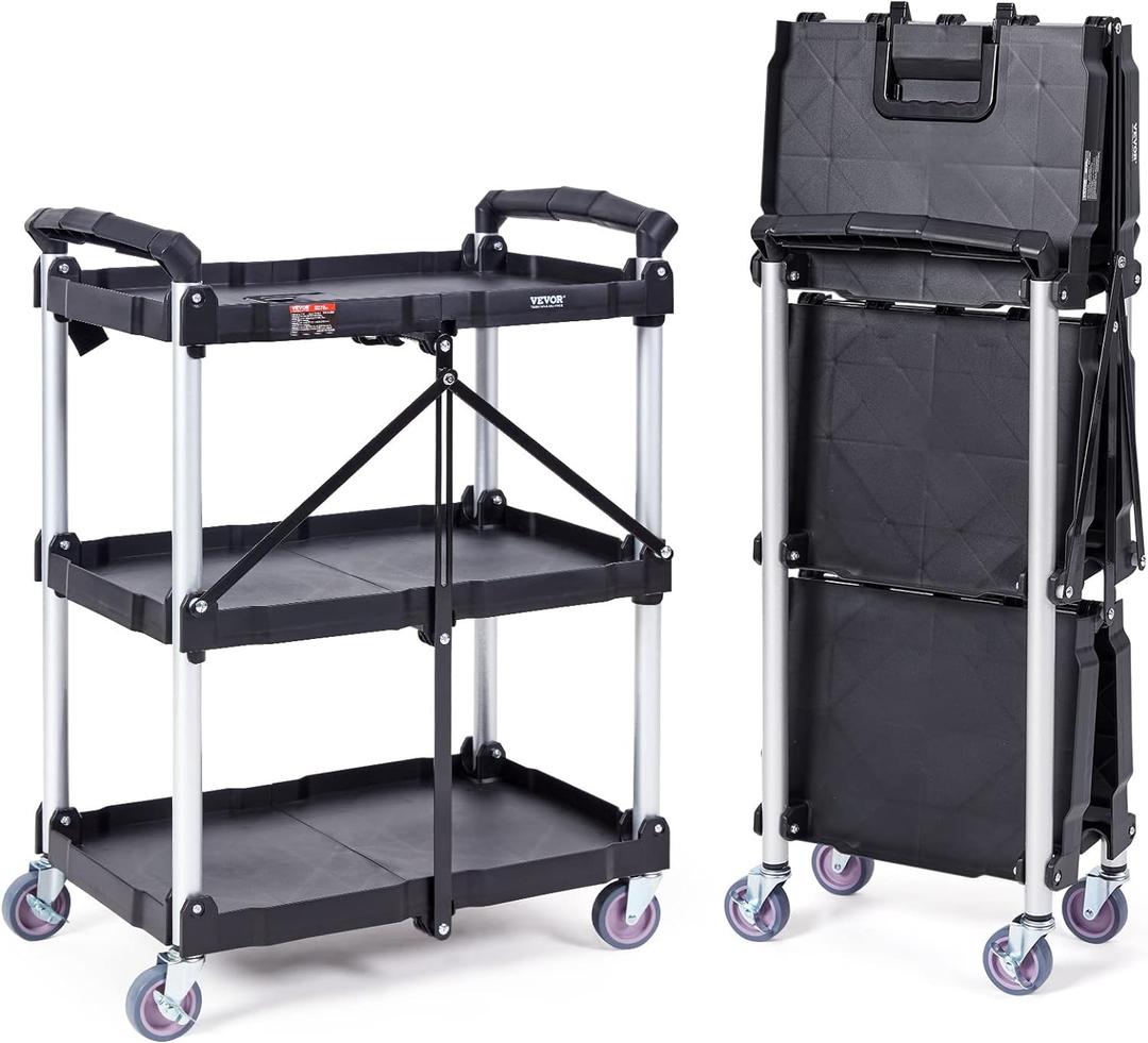 VEVOR Foldable Utility Service Cart, 165LBS 3 Shelf Heavy Duty Plastic Rolling Cart with 360 Swivel Wheels (2 with Brakes), Ergonomic Handle, Portable Garage Tool Cart for Warehouse Office Home