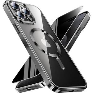 Magnetic for iPhone 15 Pro Max Case with Privacy Screen Protector & Full Camera Cover,[Non-Yellowing] Plating Glossy Soft Shockproof Clear Phone Case with MagSafe Women Girls for 15 ProMax