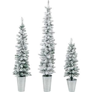 Goplus Set of 3 Artificial Snow Flocked Christmas Tree, 3' 4' 5' Slim Pencil Xmas Tree with Silver Metal Buckets, Faux Potted Christmas Trees for Front Porch Entrance Indoor Holiday Office Home Decor