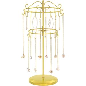 iDavosic.ly 2 Tier Rotating Necklace Holder Organizer with 42 Hooks, Adjustable Metal Bracelet Display Stand Rack, Extra Tall Keychain Spinning Tree Tower for Women, Gold