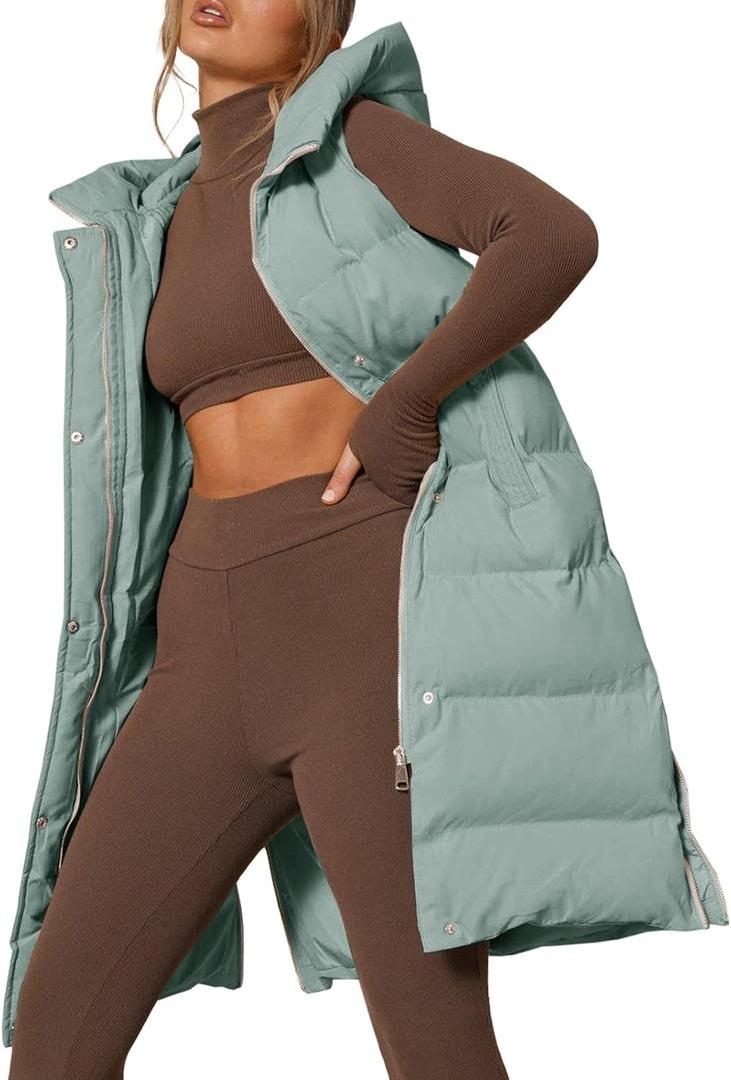 Inorin Womens Down Vest with Stand Collar Thick Hooded Sleeveless Long Coats Jacket (Green, M)