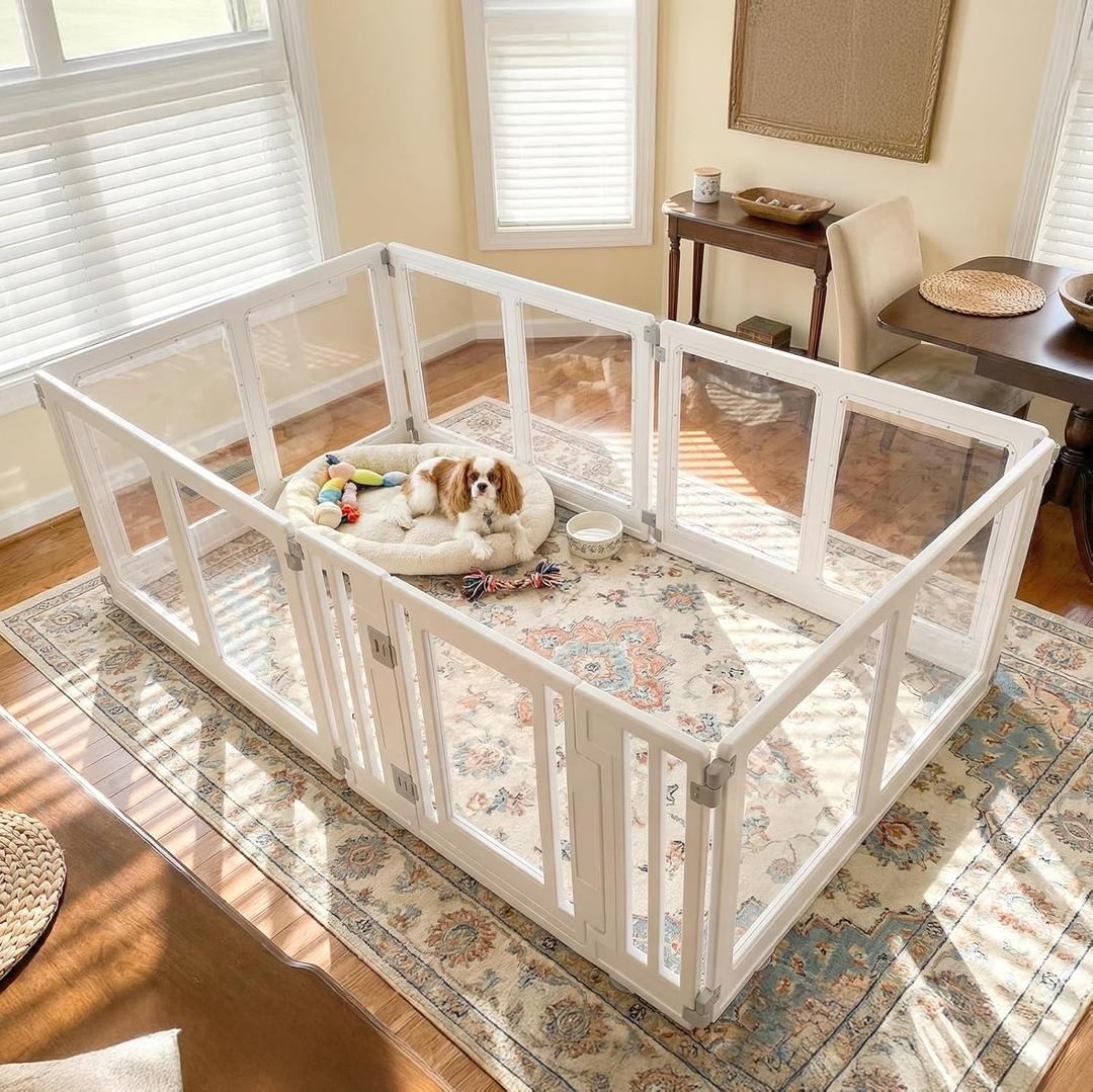 Clear Acrylic Dog Playpen with Door, Transparent Puppy Playpen for Small and Medium Puppies, Easy Assemble Pet Fence Indoor with Safety Lock (White, 69.3 x 35 x 22.4 Inch)