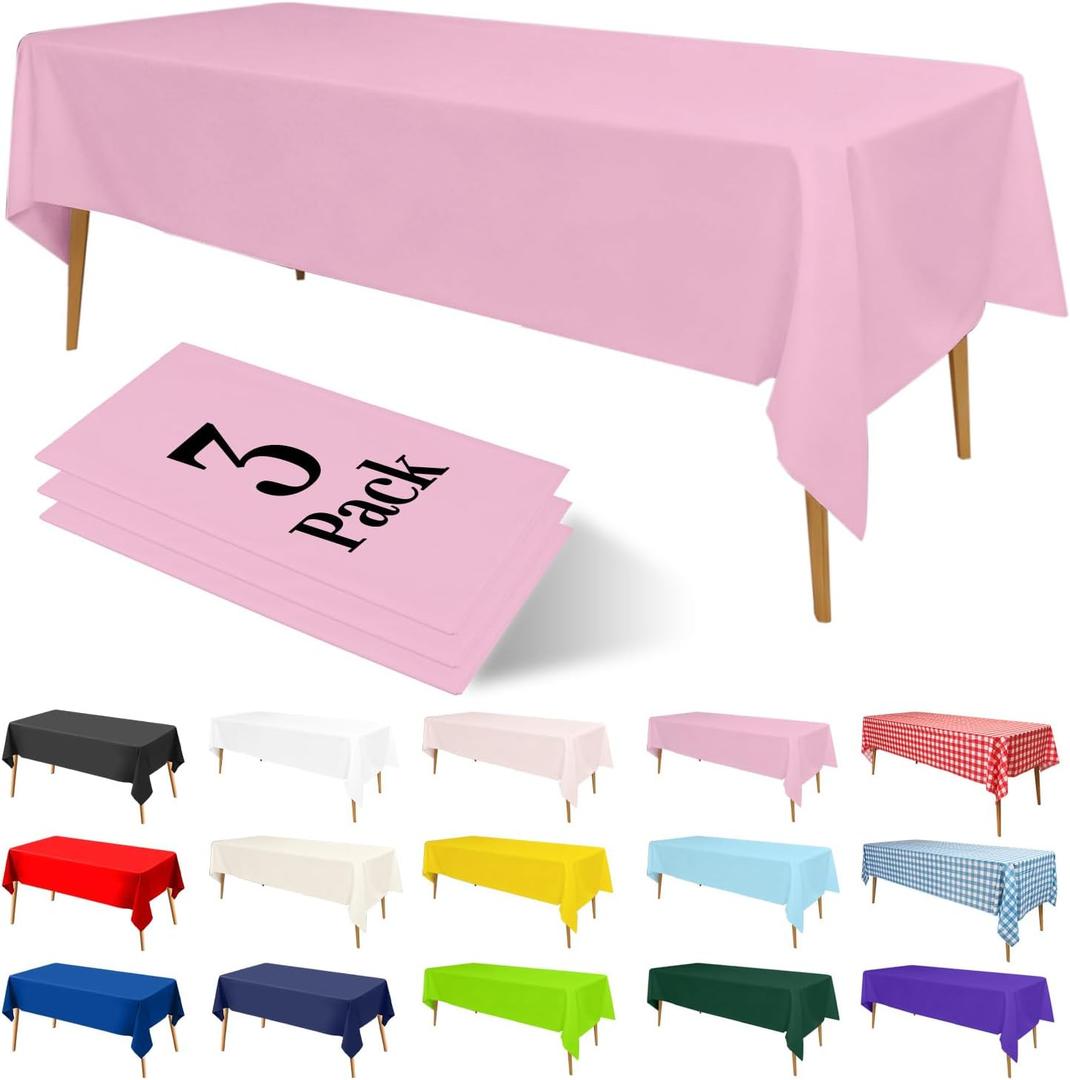 3 x 3 Pack Premium Pink Plastic Table Cloths Disposable, 54 x 108 Inch Rectangle Tablecloths, Waterproof Table Cover, Decorative Tablecloth for Girl Birthday Party, Valentine, Wedding, Valentine