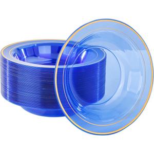 Nervure 50 Pack Blue Plastic Bowls with Gold Rim - 12oz Disposable Soup Bowls - Heavy Duty Dessert Bowl, Salad Bowls & Ice Cream Bowl for Weddings, Parties, Dinners, and Everyday Use