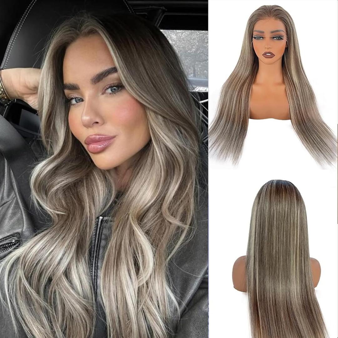 20 Inch Ombre Ash Brown Wigs Human Hair 13x6 HD Straight Lace Front Wigs Human Hair Brown to 613 Blonde with Dark Brown Roots Pre Plucked Glueless 180% Density Highlights Human Hair Wig for Women