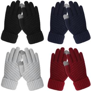 Clothclose 4 Pairs Kids Winter Gloves for Boys Girls, Warm Winter Glove for Kids, Knit Toddler Kid Gloves, Soft Kid Mittens (4 Pack, Black & Grey & Blue & Red)