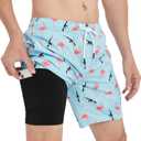 Mens Swim Trunks 7 Inch Inseam Board Shorts with Compression Liner Swimsuit Bathing Suit Quick Dry (Blue)