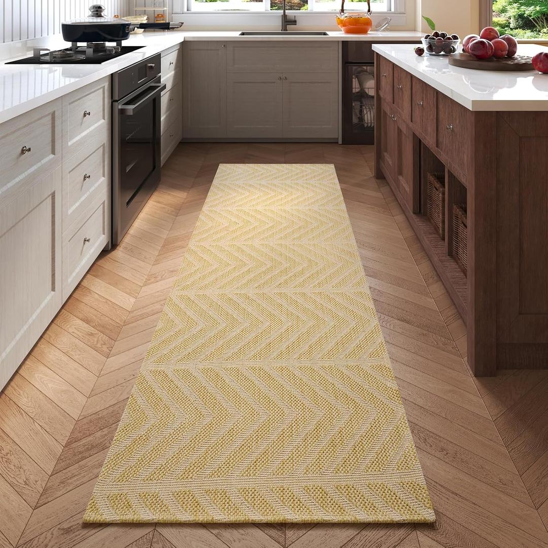 2x6 Ft Runner Rug for Hallway, Washable Long Kitchen Runner Non Slip Rubber Backed, Low Profile Hallway Mat for Laundry Room Entryway, Easy Clean Woven Carpet, Brown