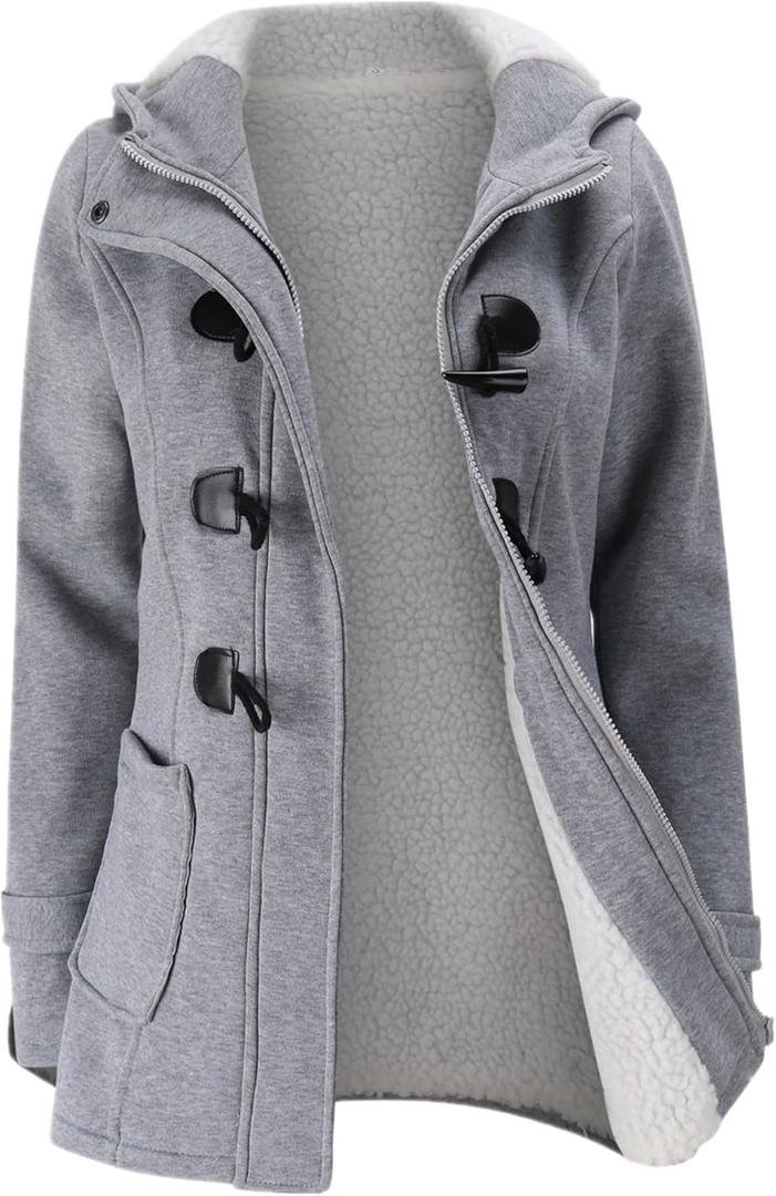 JiangWu Womens Fashion Horn Button Fleece Thicken Coat with Hood Winter Warm Jacket (Large, Light-gray)