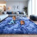 Extra Large 9x12 Feet Fuzzy Rug Fluffy Rug for Living Room, Big Plush Non-Skid Shag Carpet, Soft Shaggy Purple Gray Rugs for Bedroom Indoor Modern Home Decor Tie Dye Blue