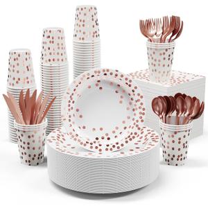 White and Rose Gold Party Supplies - 350 PCS Disposable Dinnerware Set - White Paper Plates Napkins Cups, Gold Plastic Forks Knives Spoon for Graduation, Birthday, Cocktail Party 