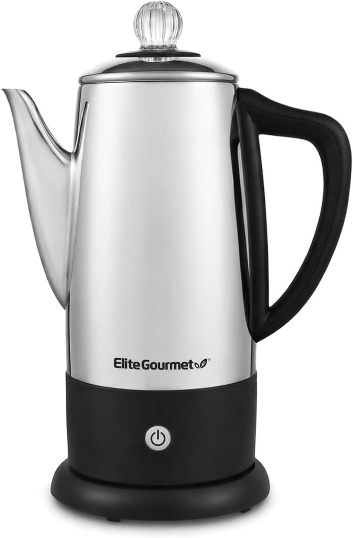 Elite Gourmet EC812 Electric 12-Cup Coffee Percolator with Keep Warm, Clear Brew Progress Knob Cool-Touch Handle Cordless Serve, Stainless Steel