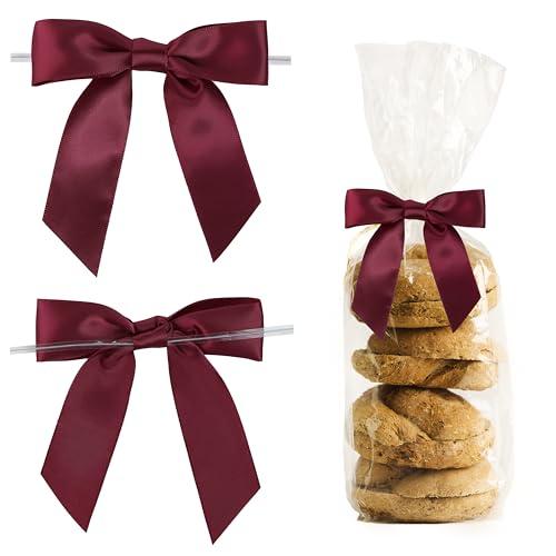 LIZLOVESS Pre-Tied Burgundy Bows for Christmas 3.5 Inch Premade Dark Red Twist Tie Bows for Gift Wrapping Satin Bows for Crafts, Party Favors, Treat Bags, Wedding, Candy Apples, Cake Pops (50 Pack)