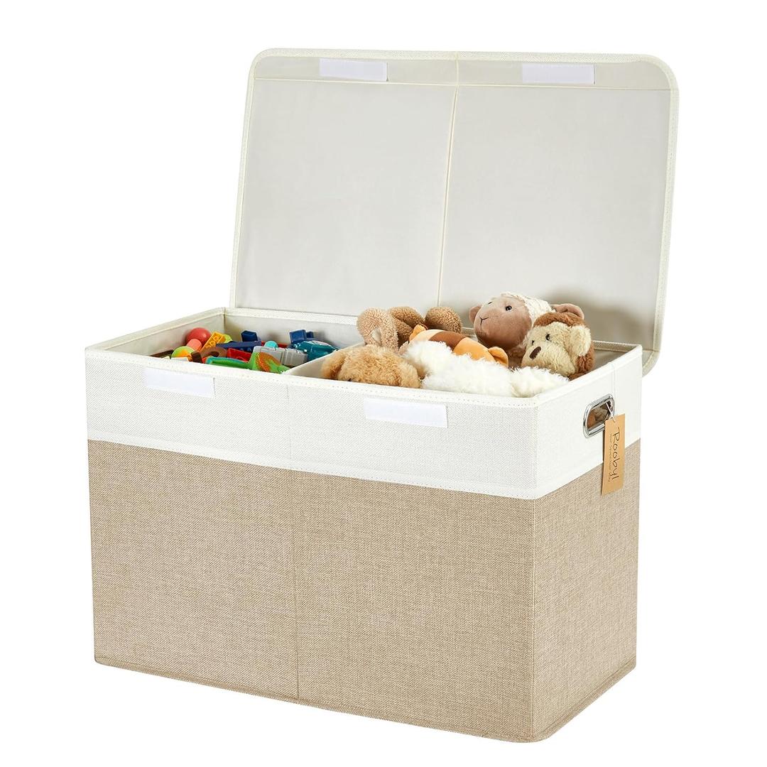 Large Toy Box with Flip-Top Lid, Collapsible Storage Organizer Bins with Dividers and Handles, Kids Bin Chest Baskets for Toys, Playroom Organizers, Nursery 25"x13" x16" (Beige & White)
