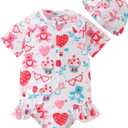 AIWUHE Toddler Girls One Piece Swimsuit Ruffle Rash Guard Zipper Bathing Suit Short Sleeve Swimwear with Hat UPF 50+ (2-3T, White Bear)