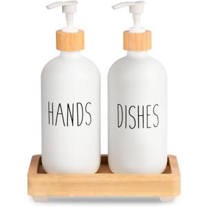 HULISEN Dish Soap Dispenser Set with Wood Tall Tray, Kitchen Soap Dispenser Set, Matte Hand and Dish Soap Dispenser Set for Modern/Boho/Farmhouse Kitchen Decor (Rectangle White)
