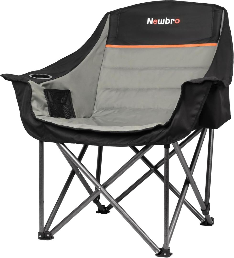 Oversized Camping Chair with Cooler Bag, XL Fully Padded Folding Portable Camping Chairs for Adults, Big Heavy Duty Outdoor Patio Lawn Chair with Arm Cup Holder Supports 450lbs (Single Pack, Grey)