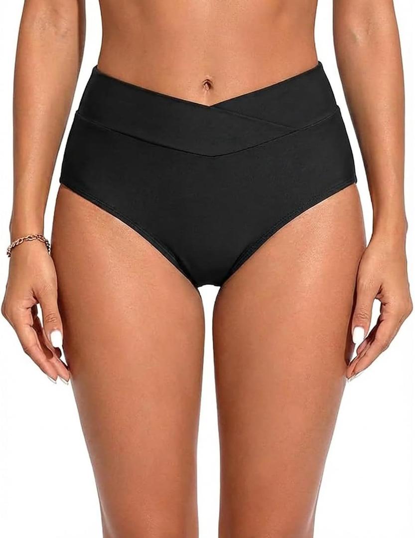 Women V Cut Bikini Bottoms - High Waisted Full Coverage Swimsuits Cross Front Bathing Suit Bottoms 2026 (Large, Black)