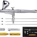 SprayMagic Airbrush Kit, Dual-Action Airbrush Gun with 0.2/0.3/0.5mm Needle Nozzel Sets and Gravity Feed Fluid Cup, Air Brush Gun for Nail Paint Makeup Barber Cake Decorating Model Car Tattoo Silver