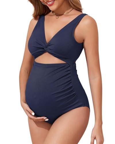 Maternity One Piece Swimsuits for Women - Ribbed Cutout High Waist Maternity Bathing Suits Tie Knot Pregnancy Swimwear 2026 Navy 2XL