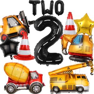 13pcs Construction Theme Birthday Party Decorations, Number 2 Large Construction Truck Traffic Cones Foil Balloon, 2nd Boy Birthday Party Decoration Supplies (2nd)