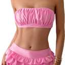 WDIRARA Women's Strapless Ruched Ruffle Trim Swimsuit Bandeau Bikini Set Two Piece Bathing Suit Pink Small